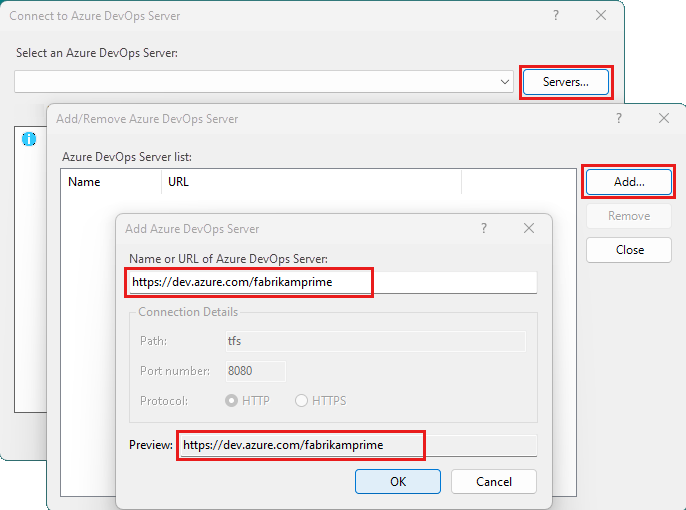 Snímek obrazovky s dialogovými okny Připojit k Azure DevOps Serveru pro přidání nebo odebrání serveru