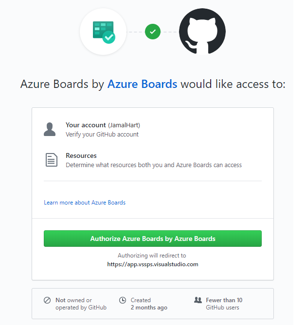 Snímek obrazovky s dialogovým oknem autorizace azure Boards