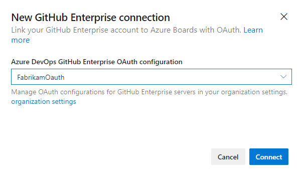 Snímek obrazovky s novým připojením GitHub Enterprise a dialogem OAuth