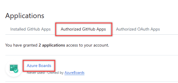 Snímek obrazovky s kartou Autorizované aplikace OAuth a zvolte Azure Boards.