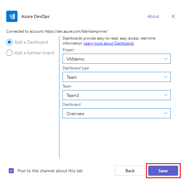 Snímek obrazovky znázorňující přidání řídicího panelu pro Azure DevOps v Teams