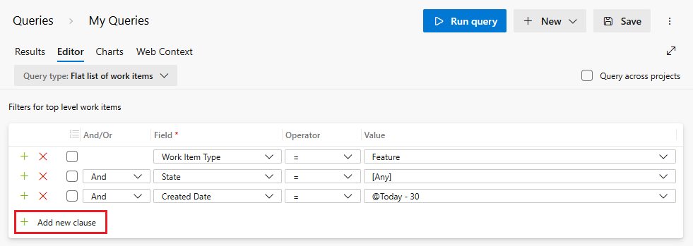 Snímek obrazovky Editor Power Query ukazující, jak přidat klauzuli