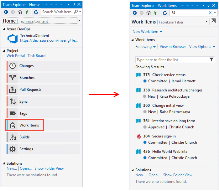 Snímek obrazovky se sadou Visual Studio, Team Explorerem a centrem Otevřít pracovní položky