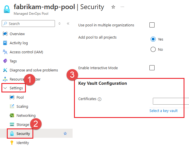 Snímek obrazovky s nastavením integrace služby Azure Key Vault