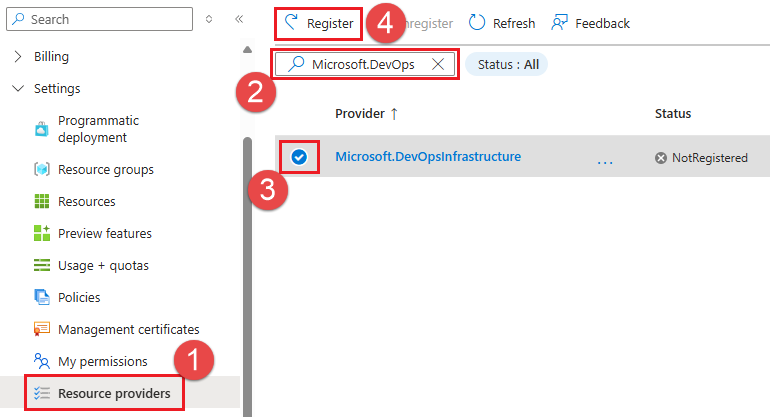 Snímek obrazovky s registrací poskytovatele spravovaných fondů DevOps v Azure