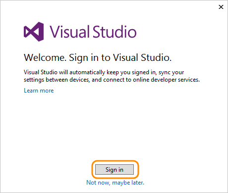 Snímek obrazovky znázorňující výzvu k přihlášení k sadě Visual Studio