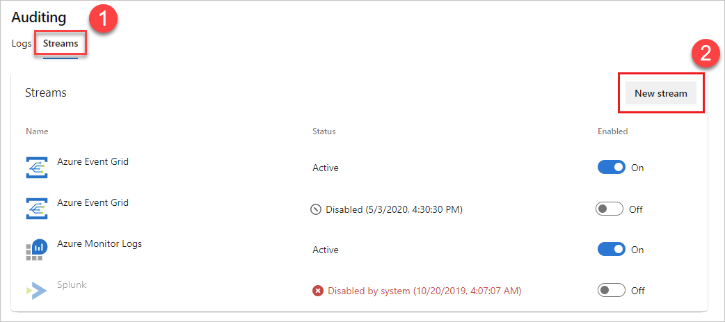 Vyberte Nový stream a vytvořte nový stream auditování.