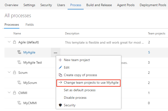 Místní nabídka agilního procesu, volba možnosti Změnit týmové projekty pro použití MyAgile
