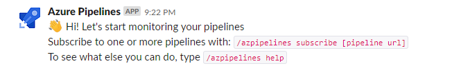 Snímek obrazovky s uvítací zprávou aplikace Azure Pipelines