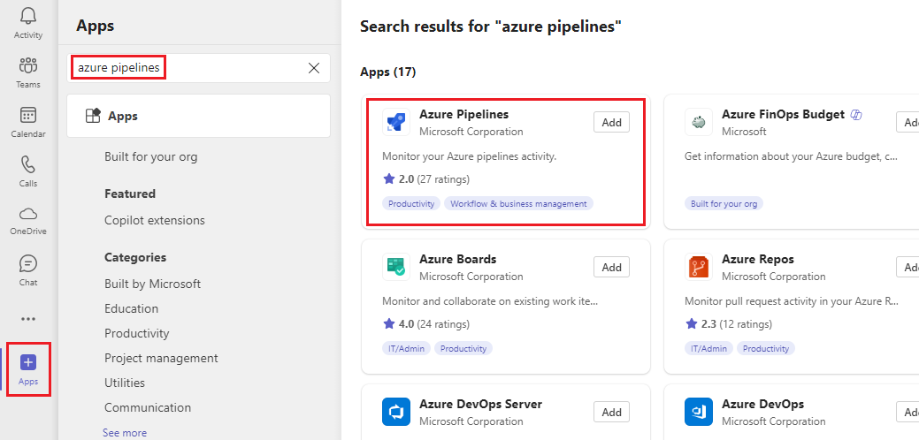 Snímek obrazovky s výběrem tlačítka Aplikace a tlačítkem Azure Pipelines