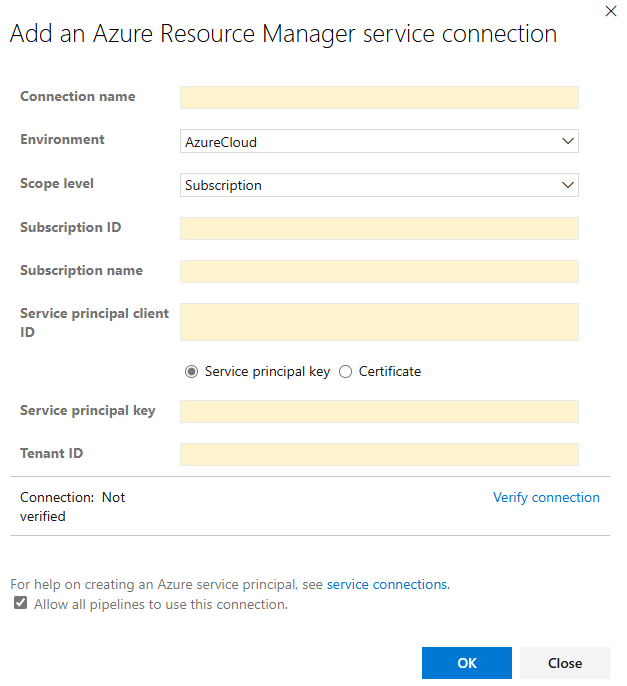 Snímek obrazovky s přidáním připojení služby Azure Resource Manager