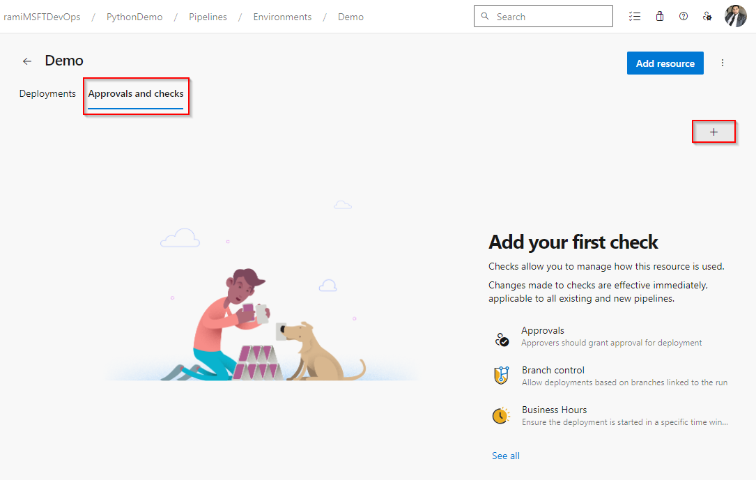 Snímek obrazovky znázorňující, jak přidat schválení a kontroly ve službě Azure Pipelines