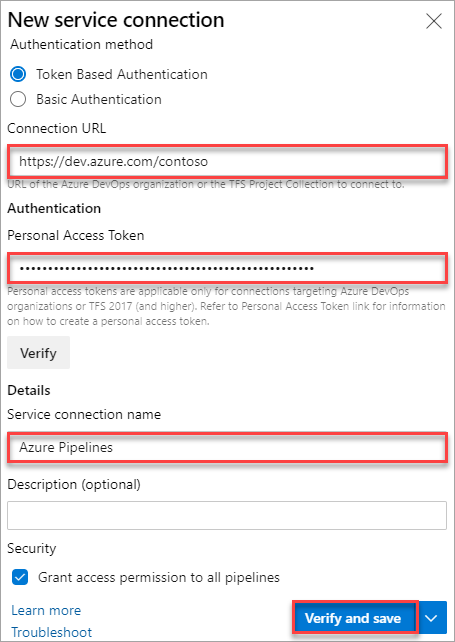 Vytvoření připojení služby Azure Pipelines