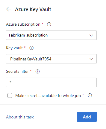 Přidejte úlohu služby Azure Key Vault.