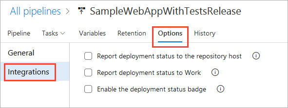 Snímek obrazovky s možnostmi integrace pro klasické kanály, Azure DevOps 2019 a starší verze