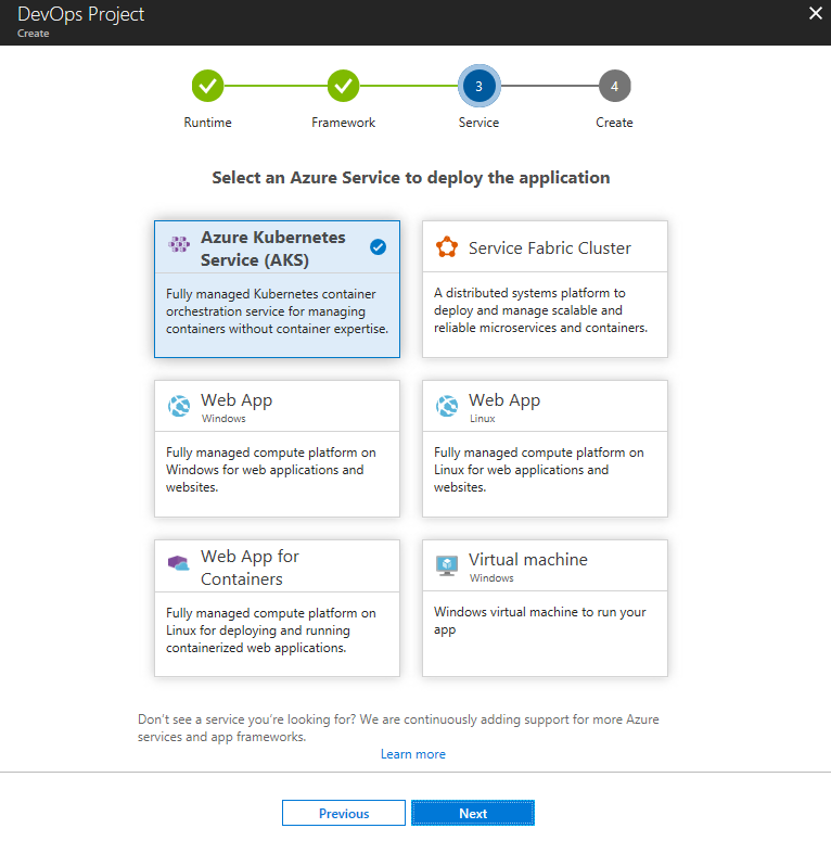 Vyberte službu Azure pro nasazení aplikace.