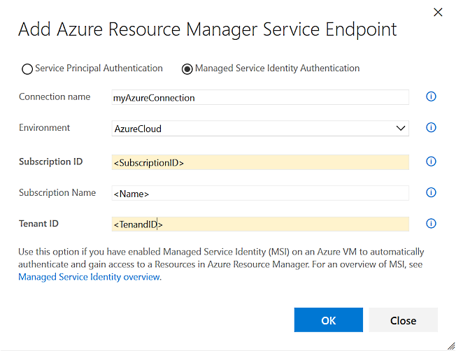 Dialogové okno Přidat koncový bod služby Azure Resource Manageru