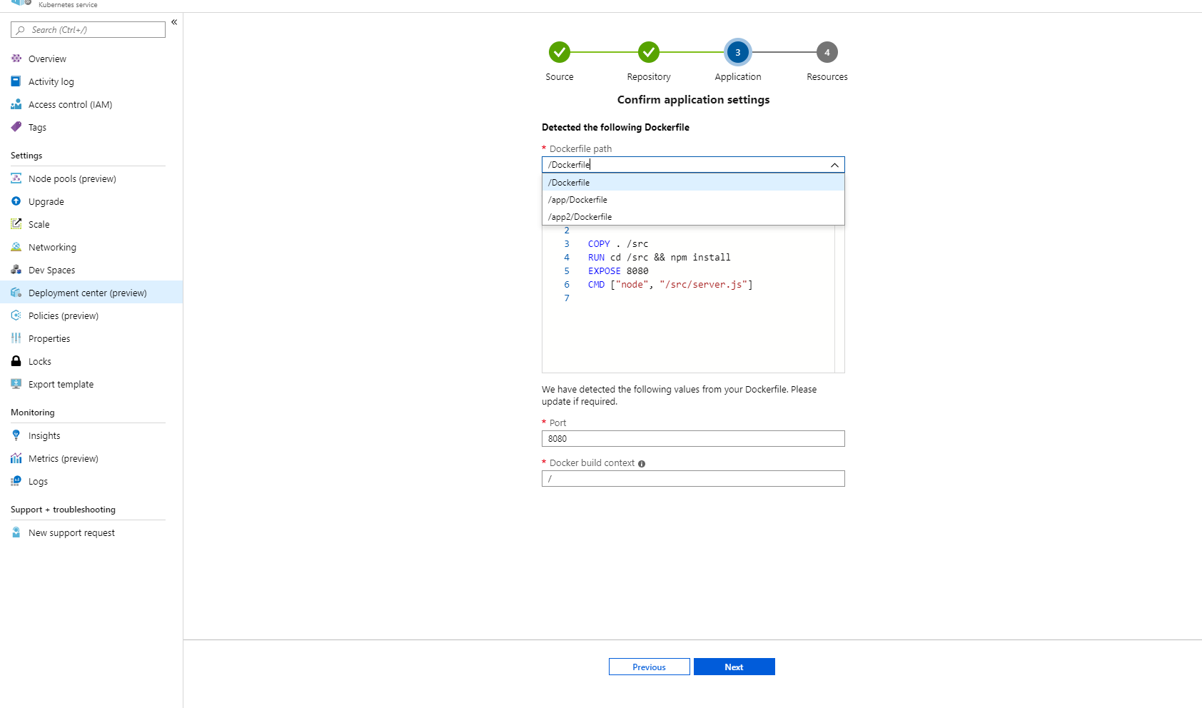 vyberte soubor Dockerfile v centru nasazení pro AKS a WebApp Containers.