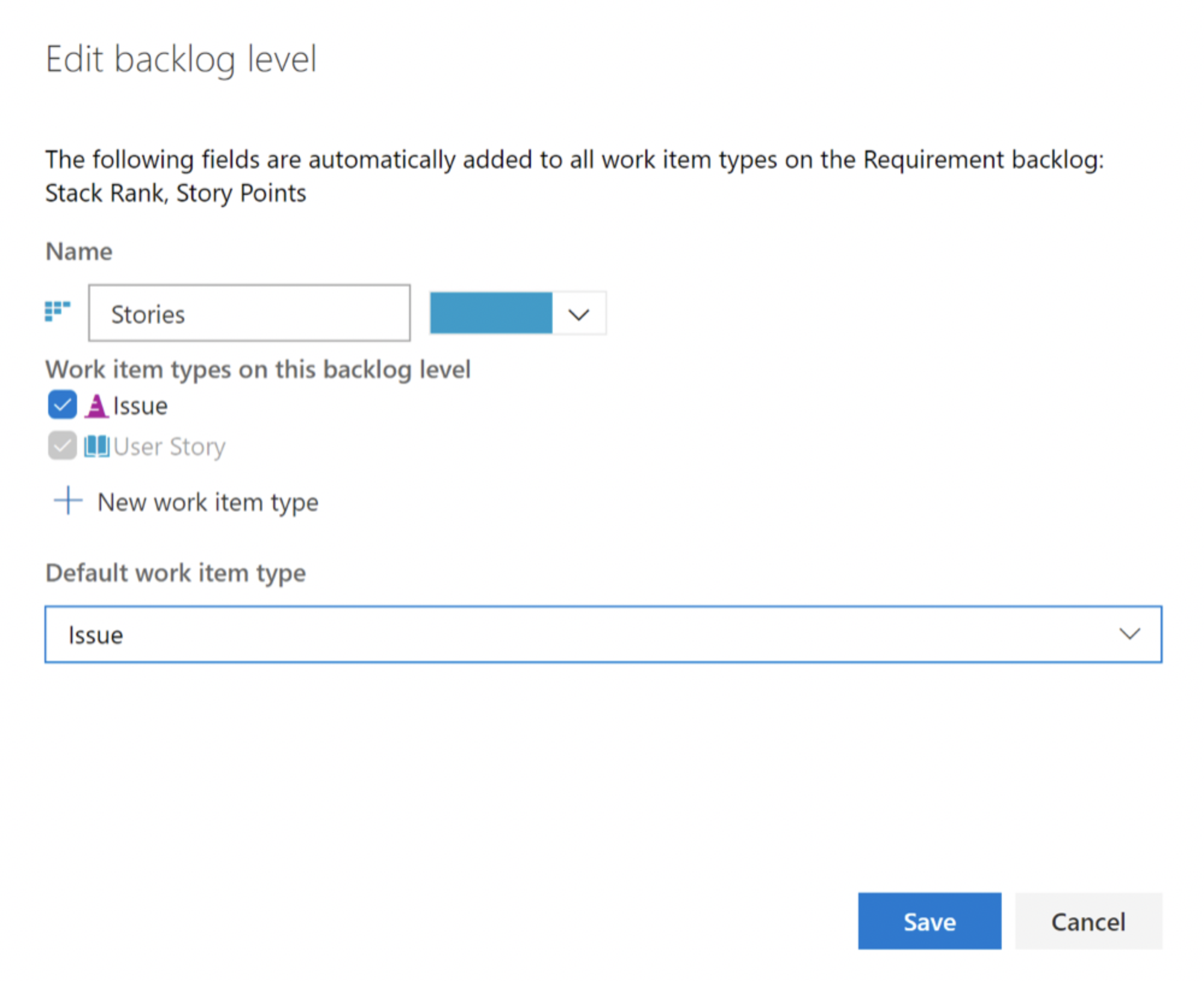 Na této stránce Azure Boards můžete do panelů a backlogů přidat dříve vyloučené typy pracovních položek.