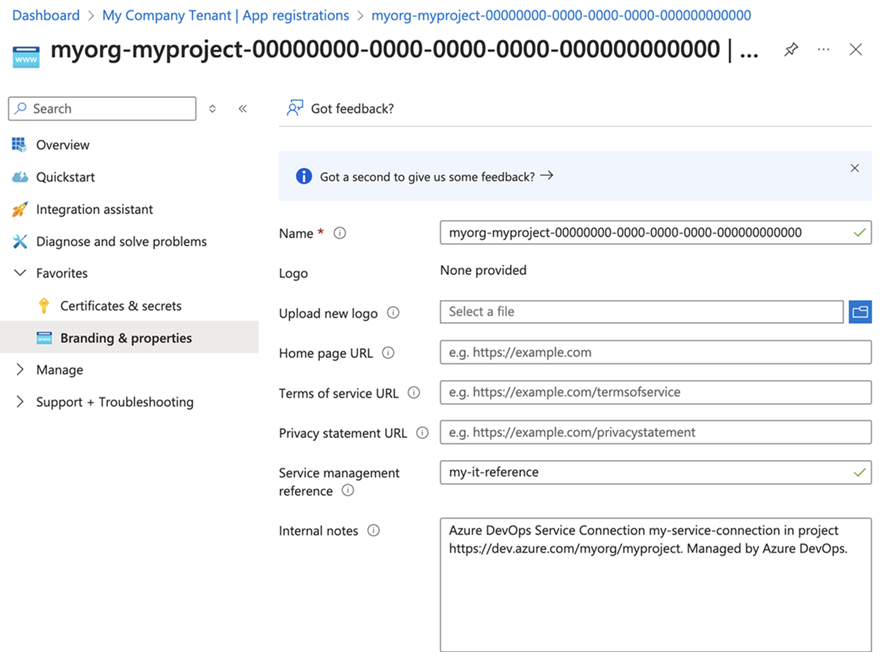 Snímek obrazovky s vlastnostmi registrace aplikace