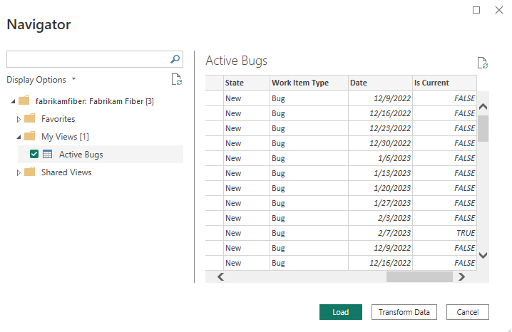 Snímek obrazovky Power BI s dialogovým oknem Navigátor a výběrem zobrazení Analýza 