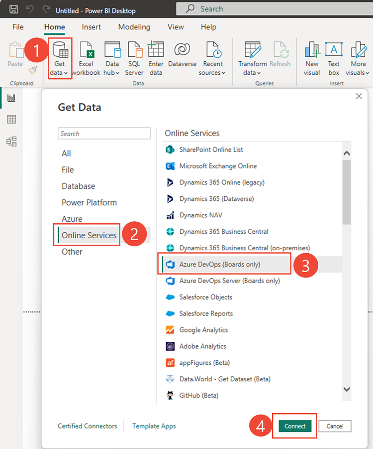 Snímek obrazovky Power BI, připojení k Azure DevOps (jenom Boards)