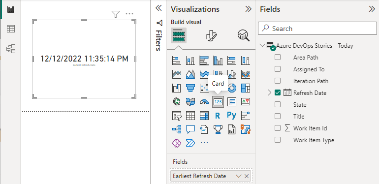 Snímek obrazovky Power BI Desktopu, karty a použitého data aktualizace