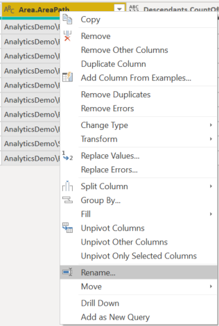 Snímek obrazovky s transformací dat Power BI a přejmenování sloupců