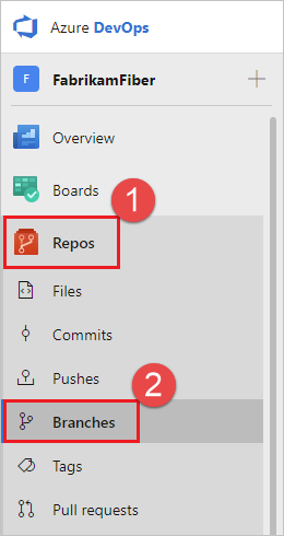 Snímek obrazovky znázorňující, jak přejít na větve v Azure Repos