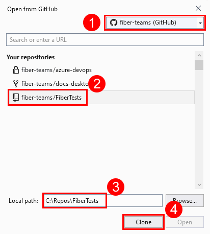 Snímek obrazovky s oknem Otevřít z GitHubu v sadě Visual Studio