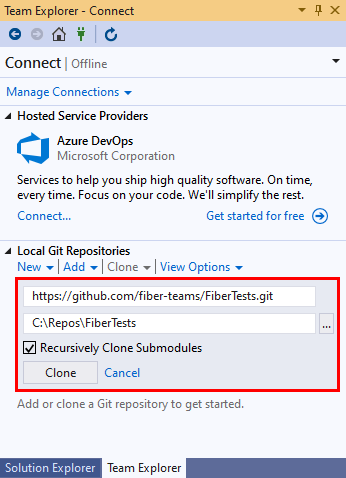 Snímek obrazovky s možnostmi klonování v části Místní úložiště Git v zobrazení Připojení Team Exploreru v sadě Visual Studio 2019