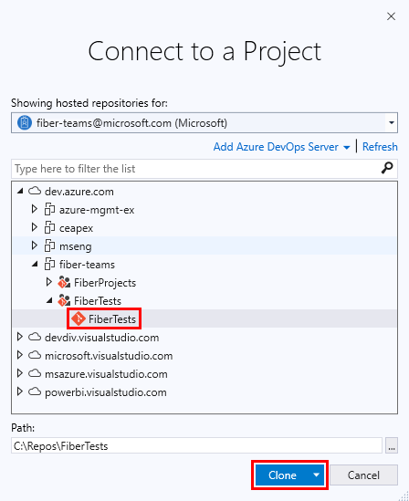 Snímek obrazovky s oknem Připojit k projektu v sadě Visual Studio