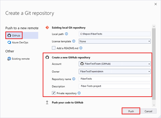 Snímek obrazovky s oknem Vytvořit úložiště Git s adresou URL prázdného úložiště GitHub v sadě Visual Studio 2022