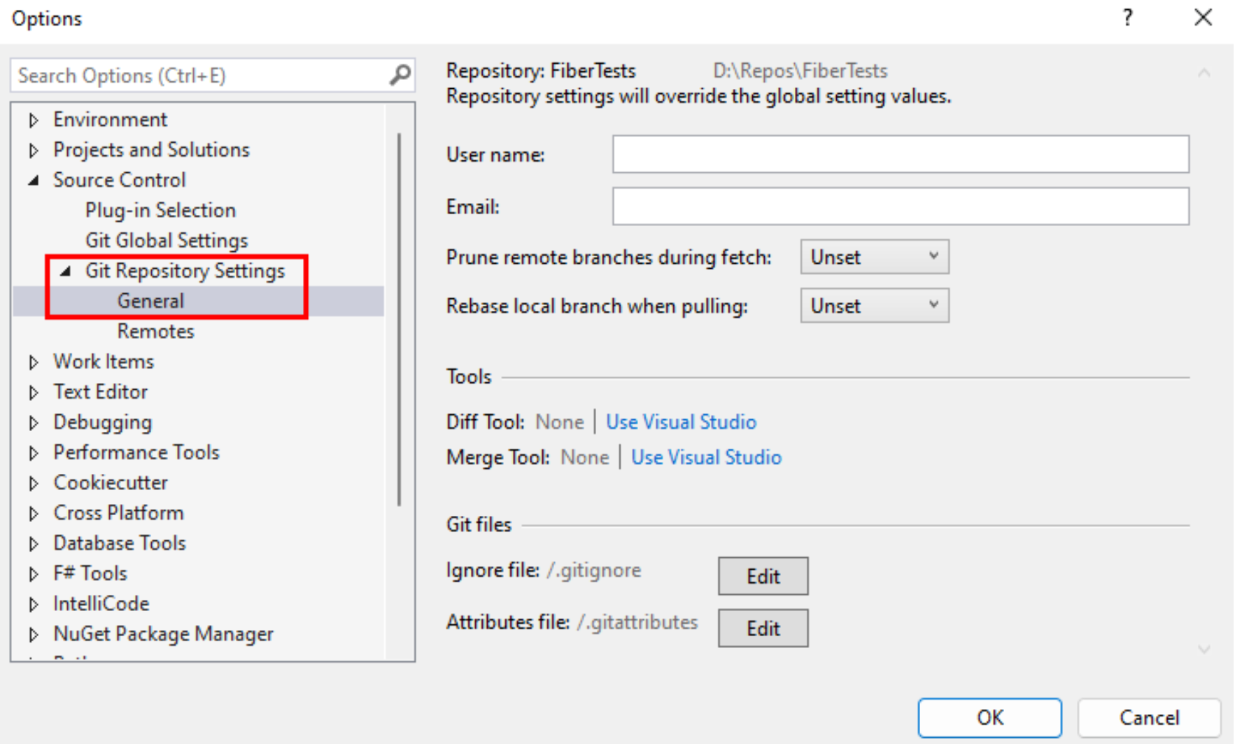 Snímek obrazovky s úložištěm Git Nastavení v dialogovém okně Možnosti sady Visual Studio