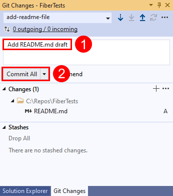 Snímek obrazovky s tlačítkem Potvrdit vše v okně Git Changes v sadě Visual Studio