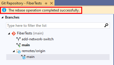 Snímek obrazovky s potvrzovací zprávou o obnovení základu v okně úložiště Git v sadě Visual Studio 2019