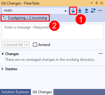 Snímek obrazovky s tlačítky Pro načtení a odkazem Příchozí v okně Změny Gitu v sadě Visual Studio 2019