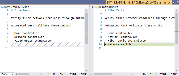 Snímek obrazovky s oknem rozdílu souboru v sadě Visual Studio 2019