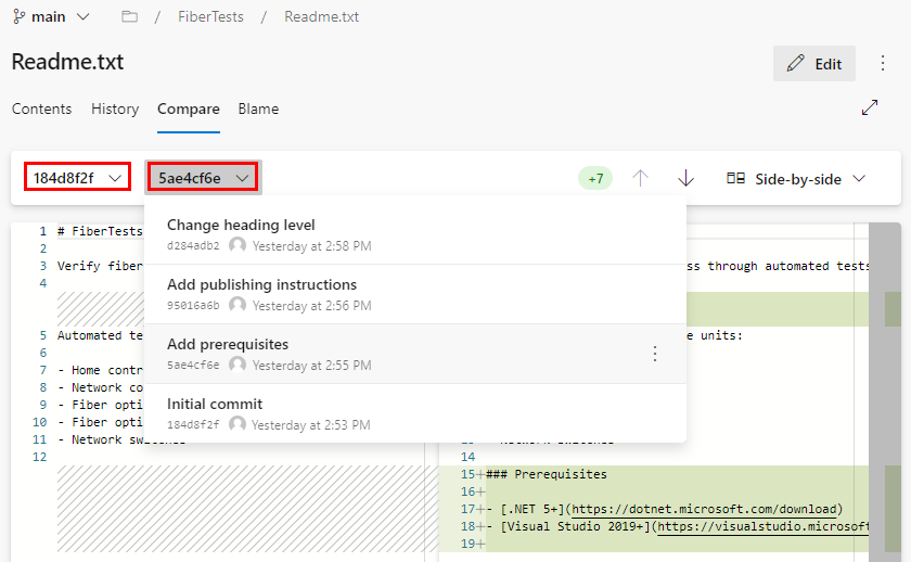Snímek obrazovky s možnostmi porovnání v zobrazení Porovnání souborů na stránce úložiště Azure DevOps