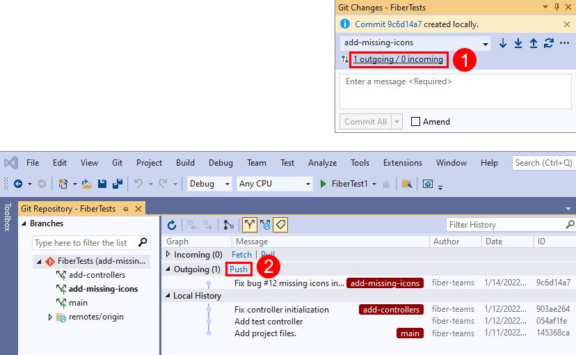 Snímek obrazovky s odkazem odchozí / příchozí v okně Git Changes a odkazem Push v okně Úložiště Git v sadě Visual Studio