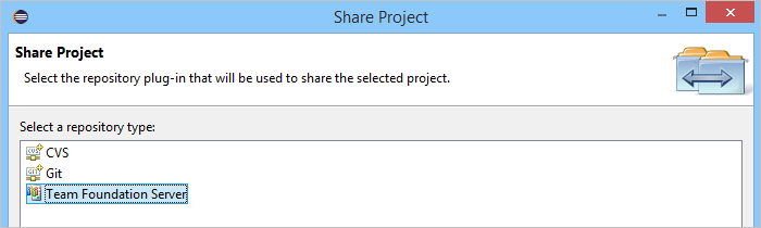 Dialogové okno Sdílet projekt s vybranou možností tfvc
