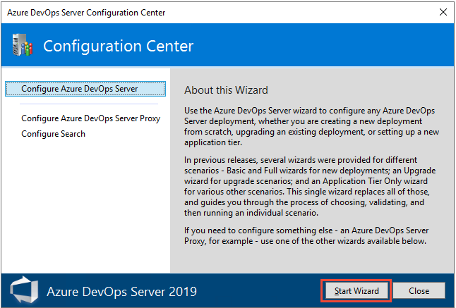 Snímek obrazovky s Configuration Center, Průvodce spuštěním, Azure DevOps Serverem 2019