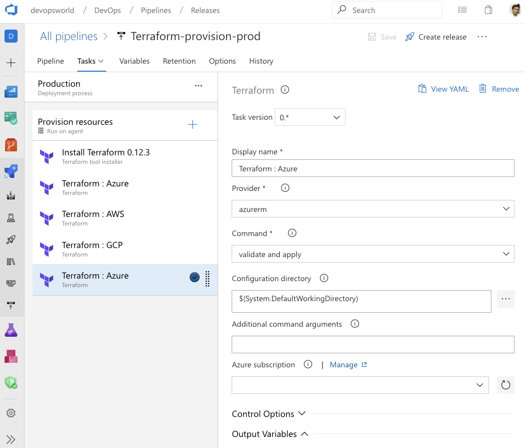 Snímek obrazovky s integrací Terraformu s Azure Pipelines