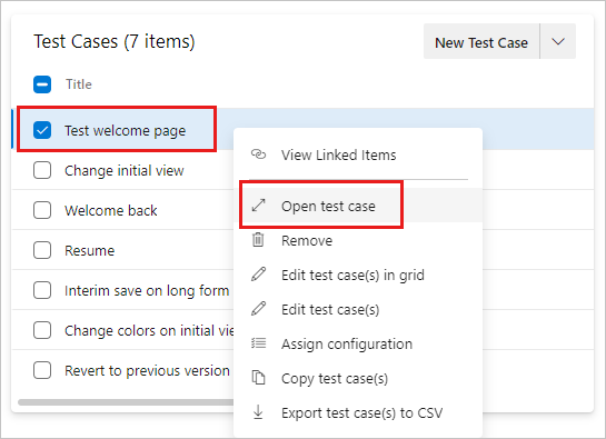 Snímek obrazovky zobrazující testovací případ s místní nabídkou s vybranou možností Otevřít testovací případ