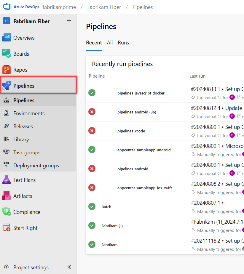 Snímek obrazovky s cílovou stránkou Azure Pipelines