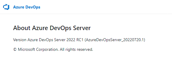 snímek obrazovky se stránkou O produktu pro místní Azure DevOps Server