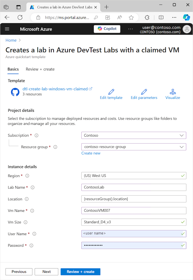 Snímek obrazovky se stránkou konfigurace pro nový virtuální počítač založený na vytvoření testovacího prostředí v Azure DevTest Labs s deklarovanou šablonou virtuálního počítače