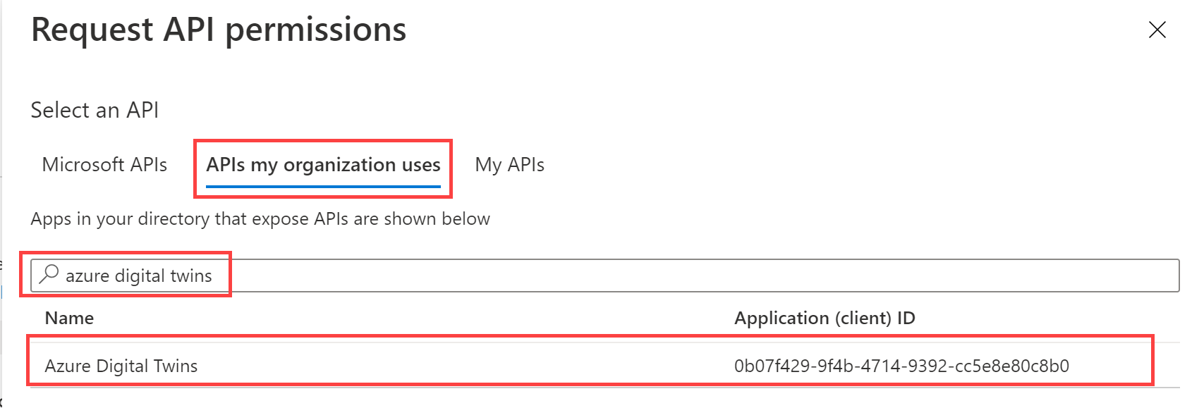 Snímek obrazovky s výsledkem hledání na stránce Request API Permissions (Požádat o oprávnění rozhraní API) na webu Azure Portal zobrazující službu Azure Digital Twins