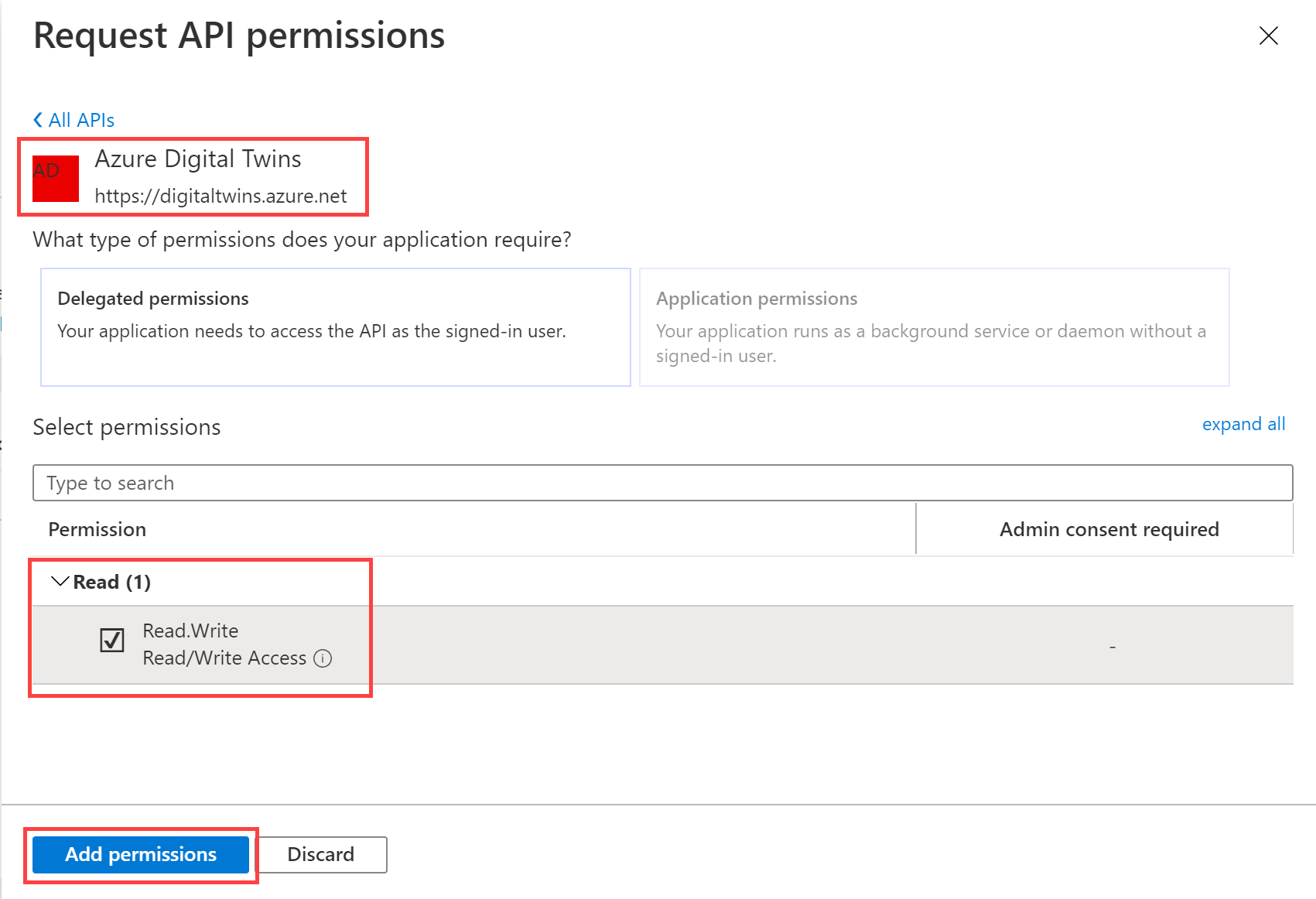 Snímek obrazovky se stránkou Request API Permissions (Požádat o oprávnění rozhraní API) a výběrem oprávnění Read.Write pro rozhraní API služby Azure Digital Twins na webu Azure Portal