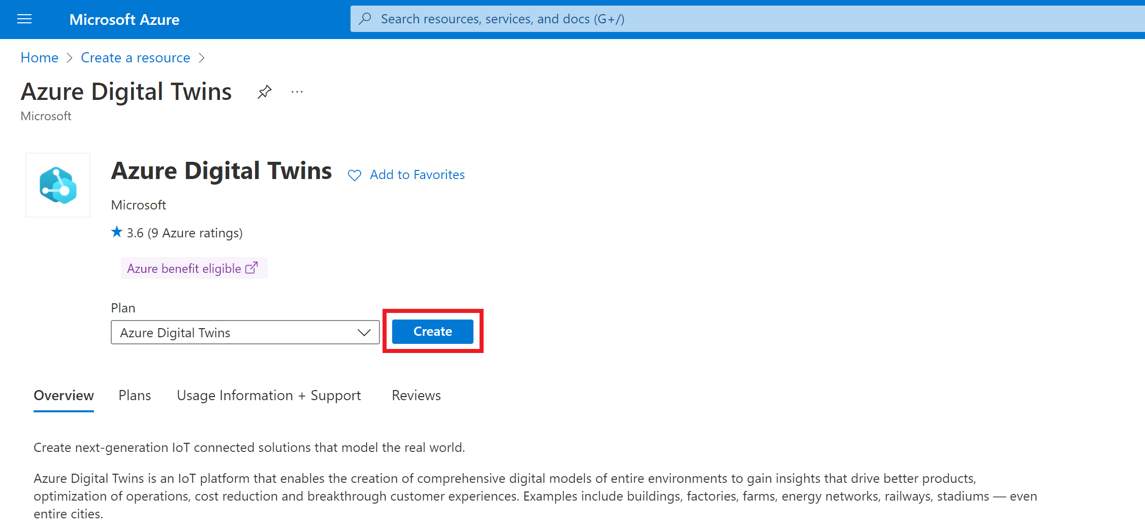 Snímek obrazovky webu Azure Portal se zvýrazněním tlačítka Vytvořit na stránce služby Azure Digital Twins